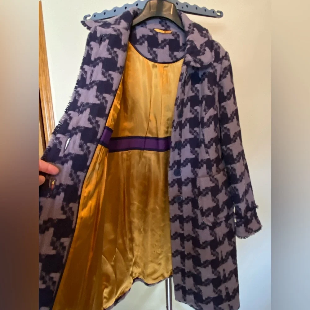 Boden Purple Houndstooth Wool Coat with Gold Satin Lining - Picture 8 of 9